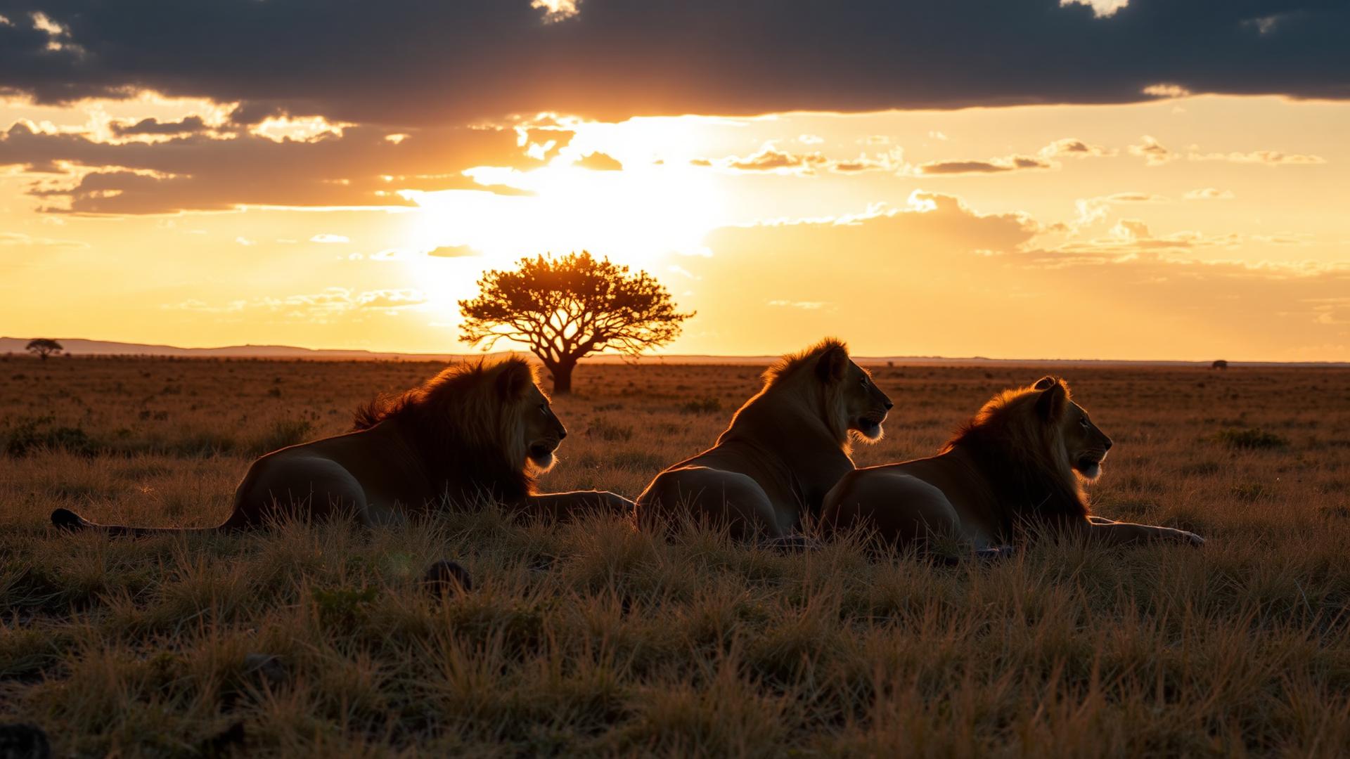Lions resting on the Maasai Mara plains at sunset